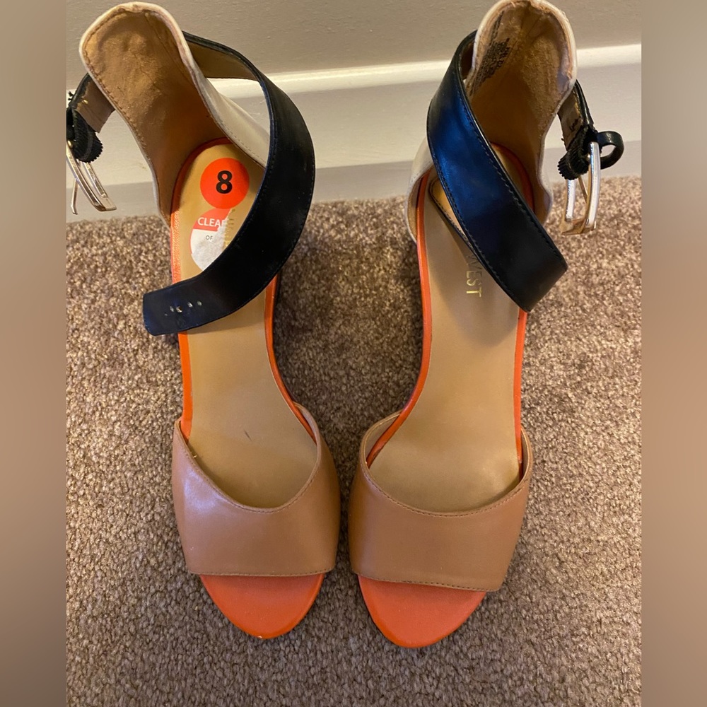 Nine West burgundy orange and leather black wedges